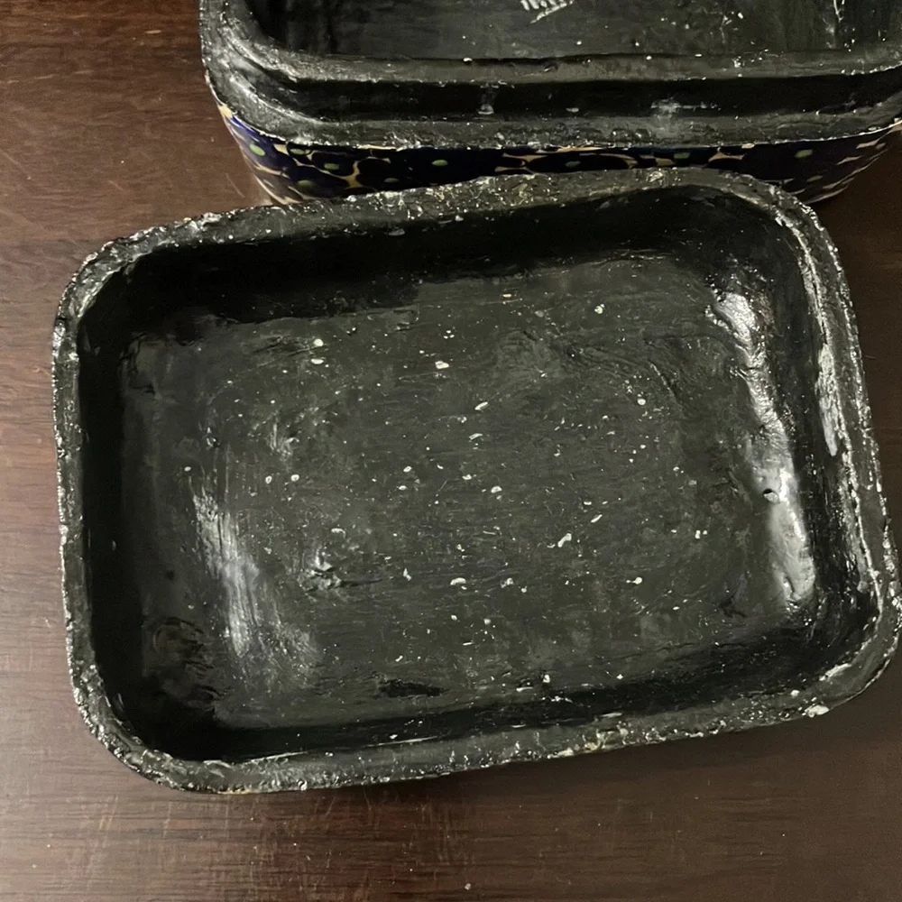 Vintage Indian Papier Mâché Blue, Black, & Gold Trinket / Jewelry Box
